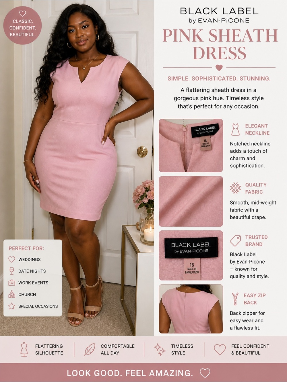 Evan Picone Pink Notched-Neck Sheath Dress size 18